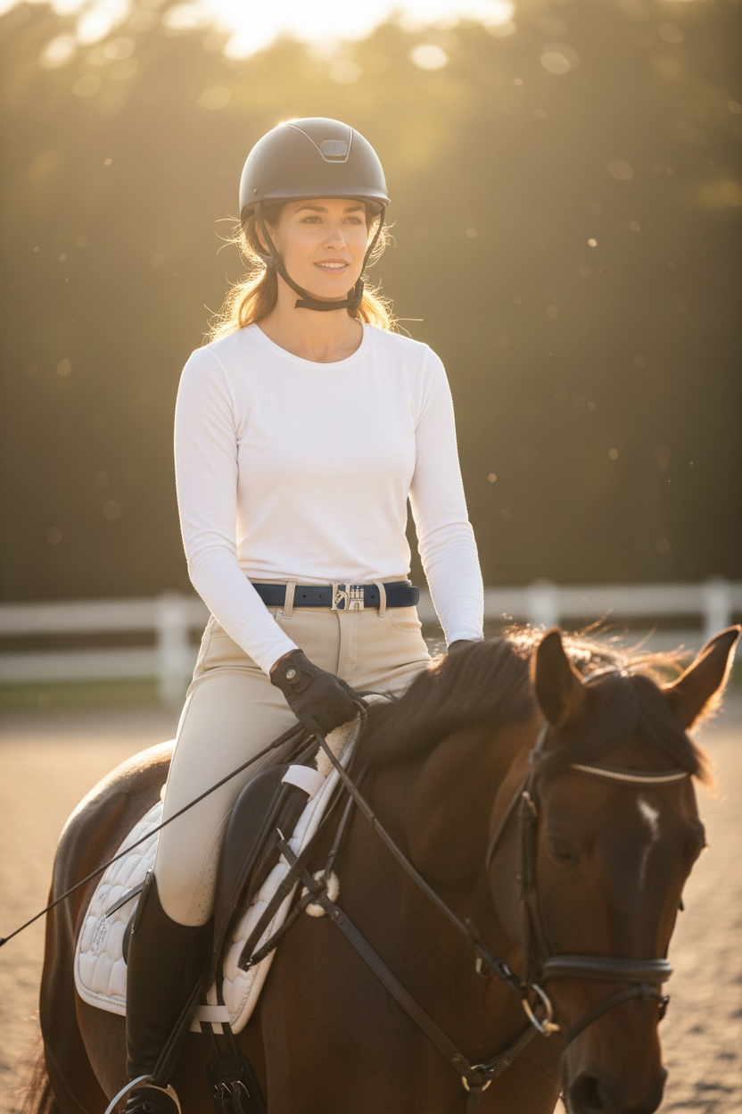 HanseHorse Logo Silber Buckle Belt - Ledergürtel in der Farbe Marine Blue am Reiter auf dem Pferd