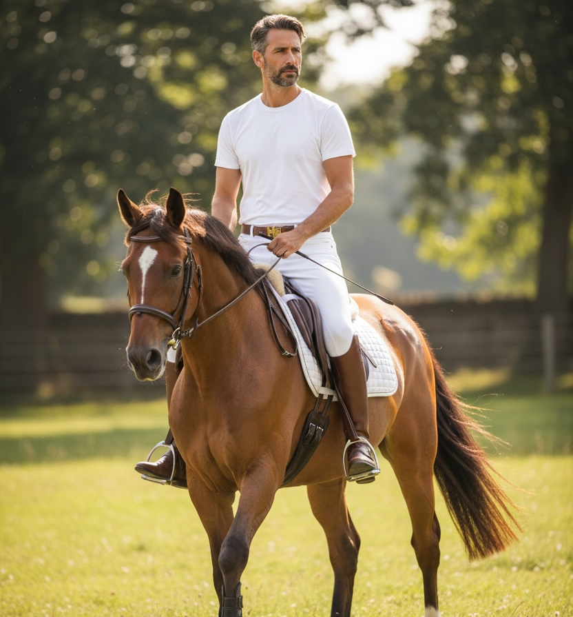 HanseHorse Logo Gold Buckle Belt - Ledergürtel in der Farbe Saddle Tan, präsentiert am Reiter auf dem Pferd