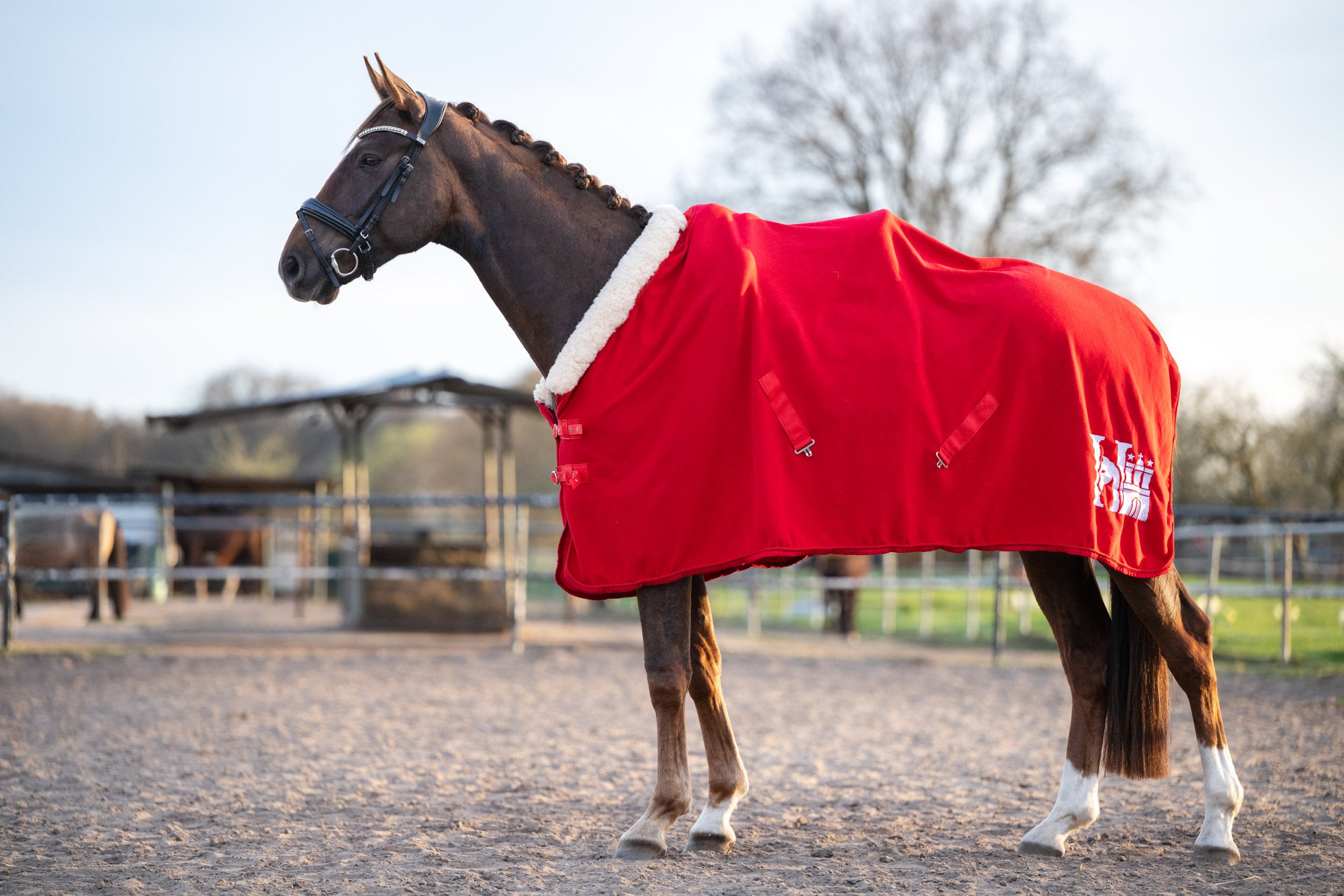 Großaufnahme der HanseHorse Pferdedecke in Regatta Red mit Fellbesatz
