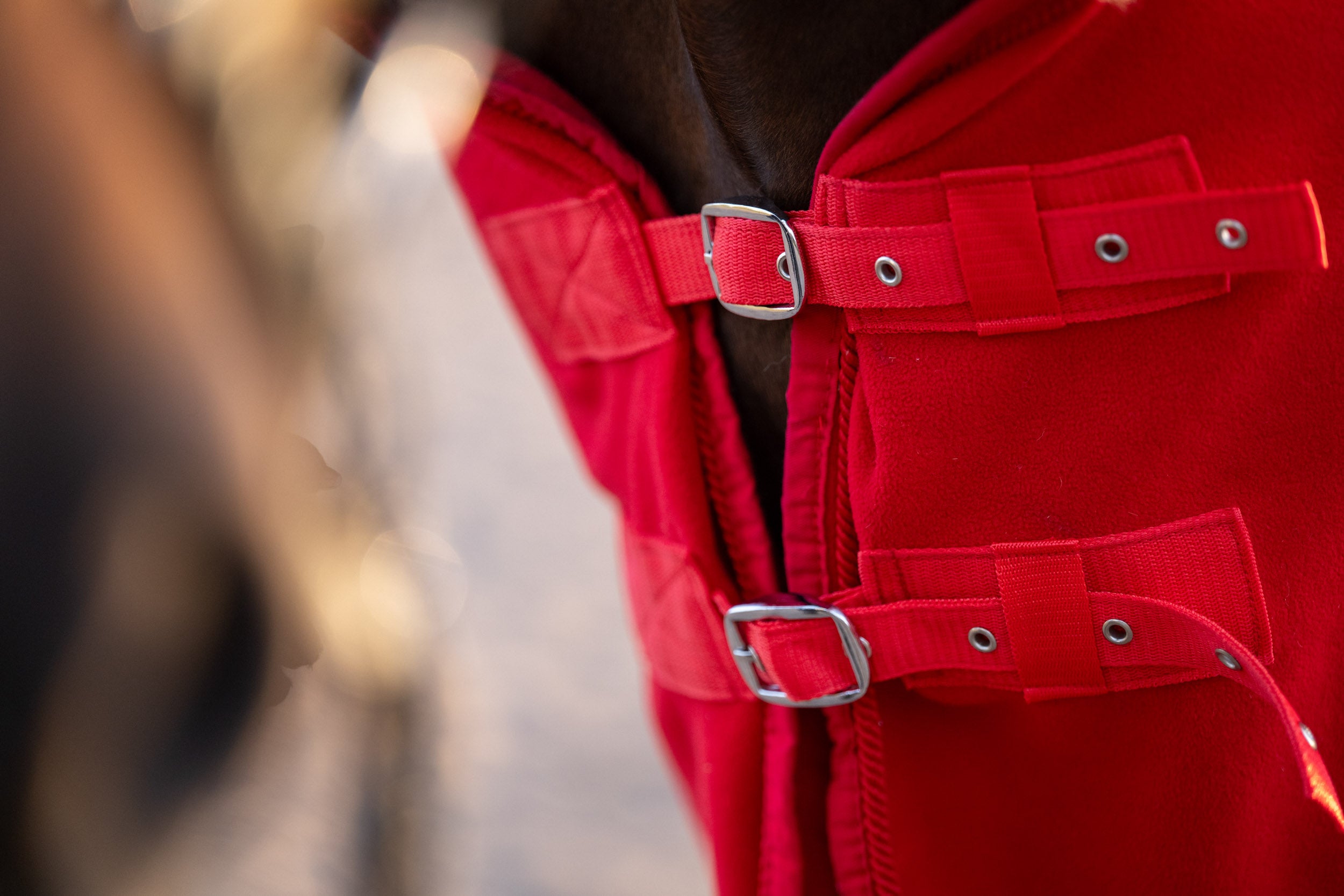 Detailansicht der Verschlüsse einer HanseHorse Pferdedecke in Regatta Red
